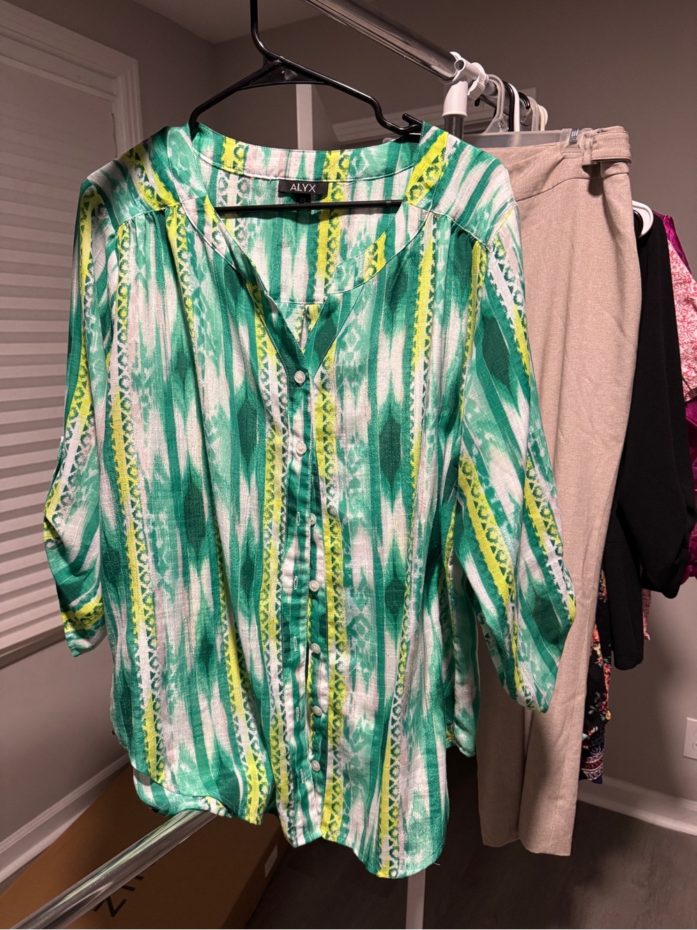 ALYX Green and Yellow Patterned Button-Front Blouse